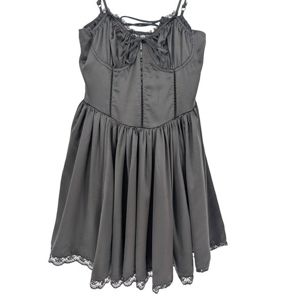 Black Satin Whimsigoth Renaissance Dark Fairy Corset Lace Up Regency Dress Large - Picture 3 of 10